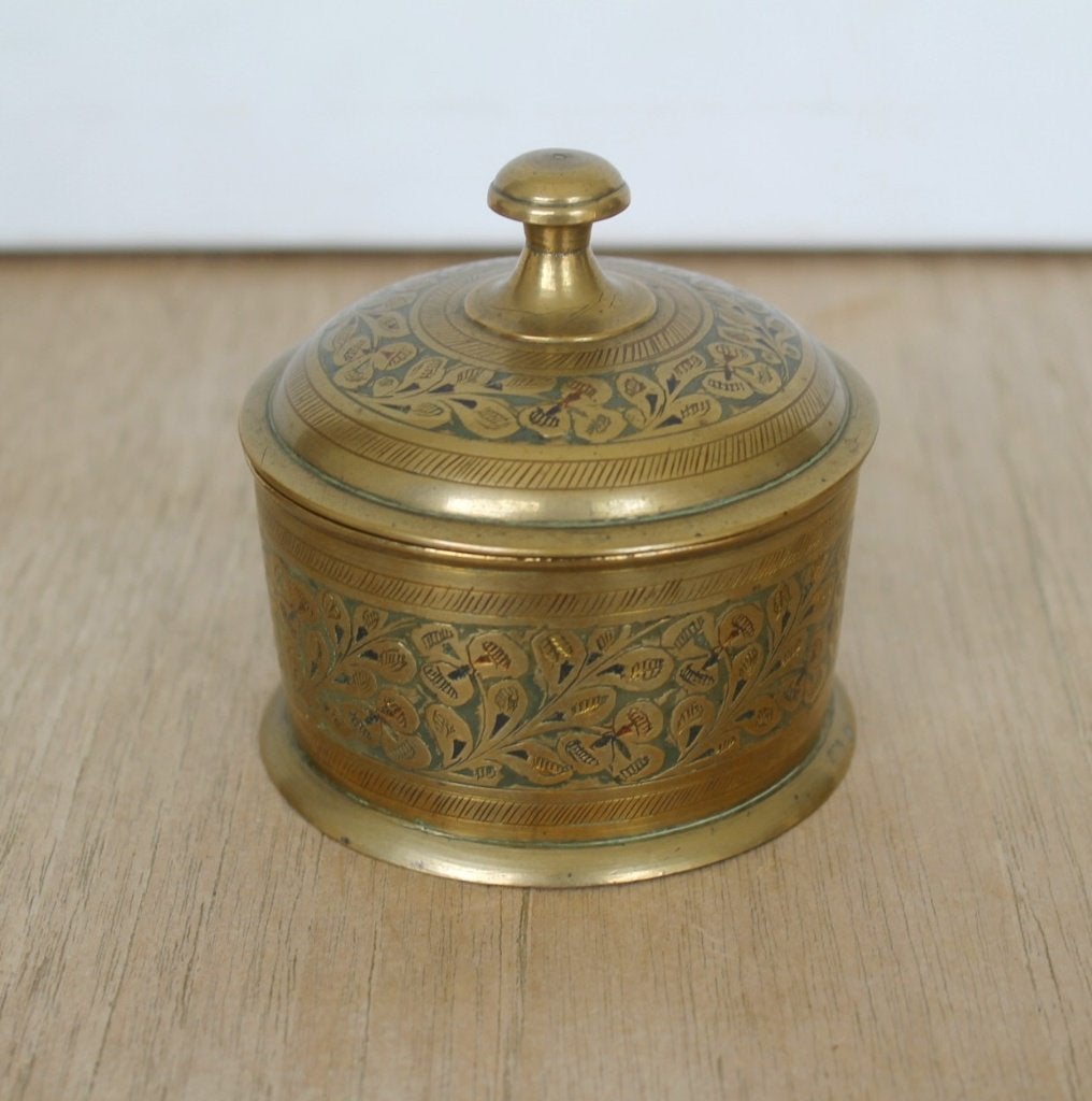 Indisch tabaks/incense potje messing-email, vintage handmade, Antiek en Kunst, Ophalen of Verzenden, Koper