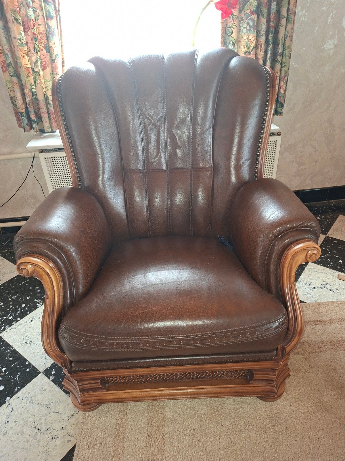 2 lederen zetels + voetenbankje, Huis en Inrichting, Fauteuils, Ophalen