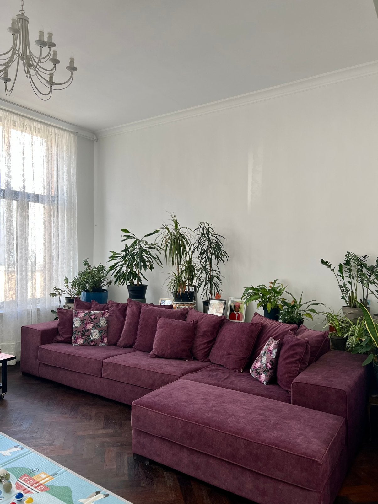 Grand canapé d’angle prune avec méridienne – confortable, Maison & Meubles, Enlèvement, Neuf