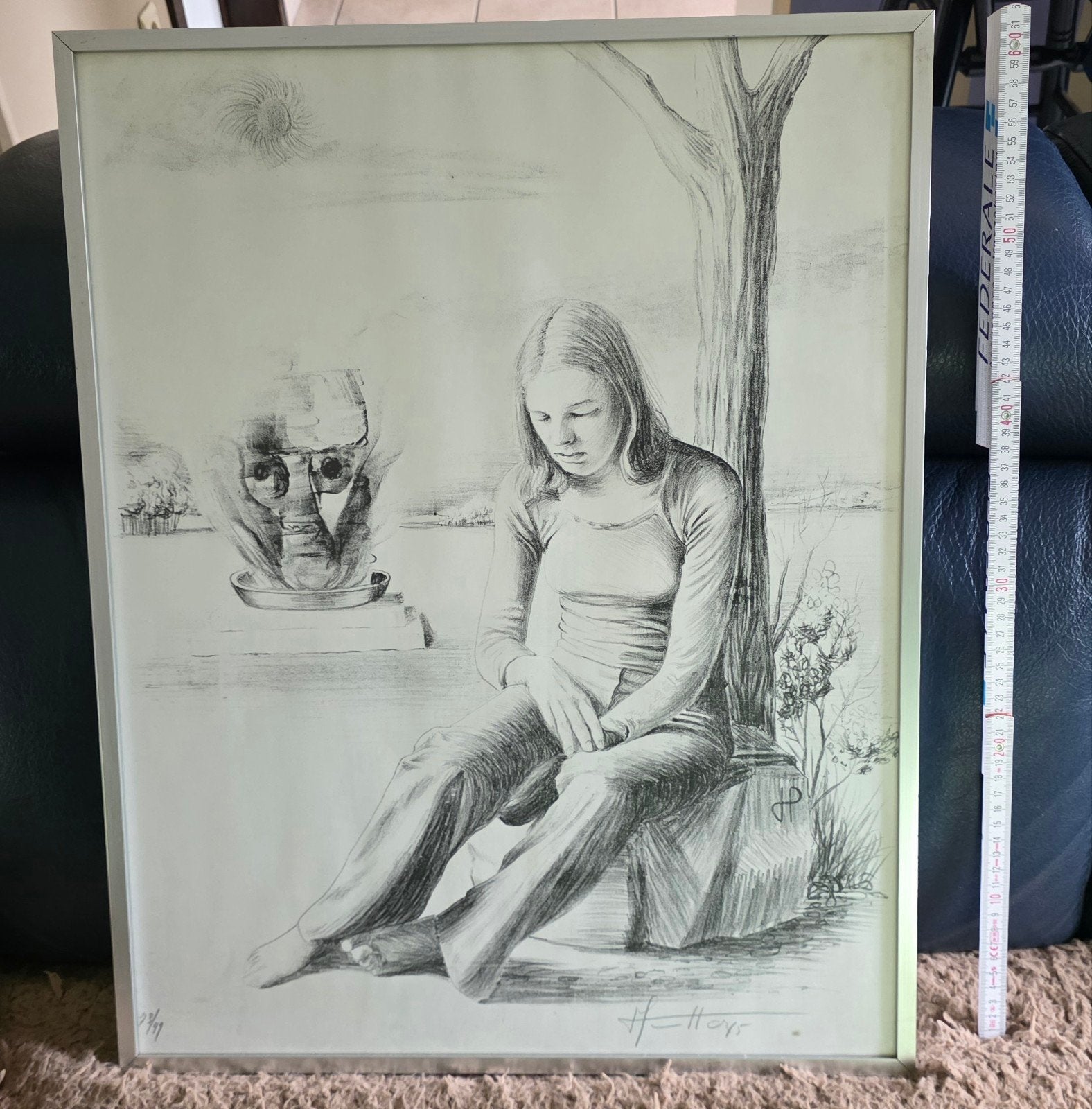 dessin au stylo de fille assise, Enlèvement, Eau-forte, Dessin à la plume, Sous verre
