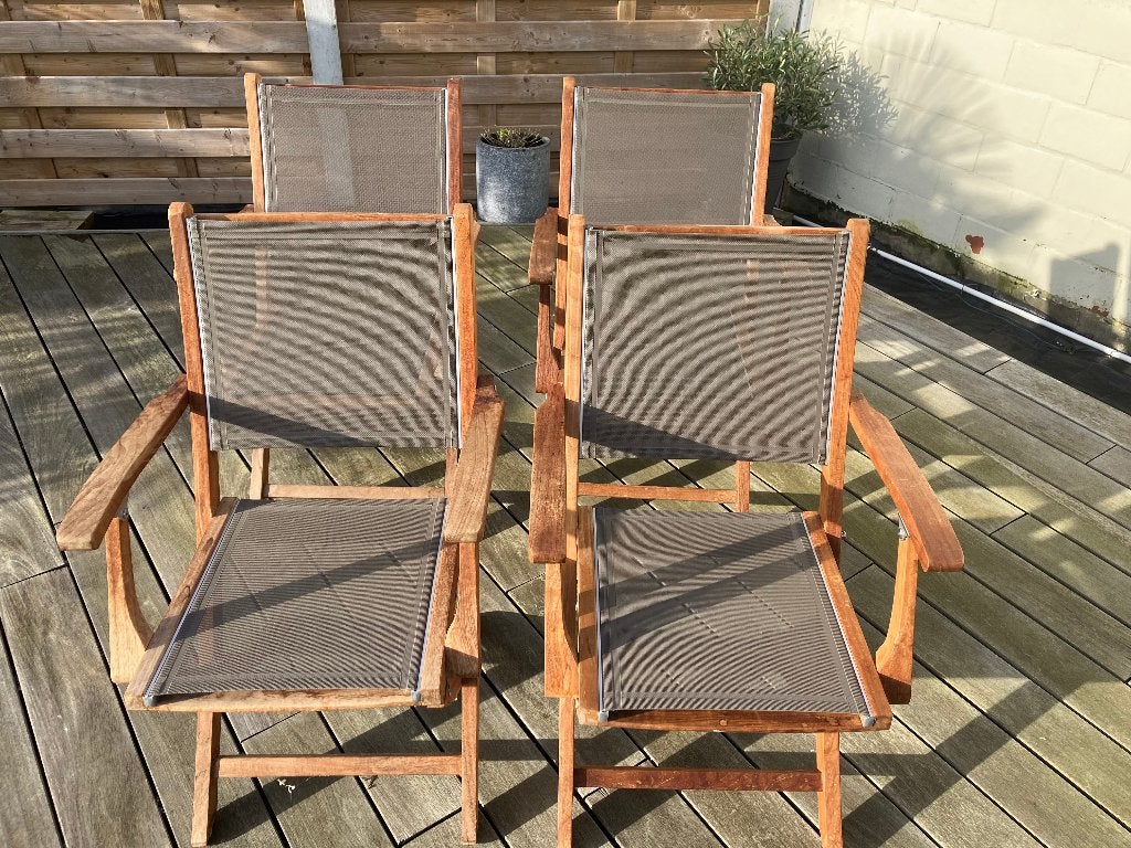 4 Teak tuinstoelen, Tuin en Terras, Tuinstoelen, Zo goed als nieuw, Teakhout, Inklapbaar, Ophalen