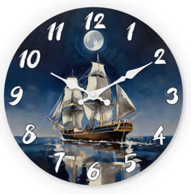 Ronde wandklok van hout Zeilboot (25cm), Ophalen of Verzenden, Nieuw, Wandklok