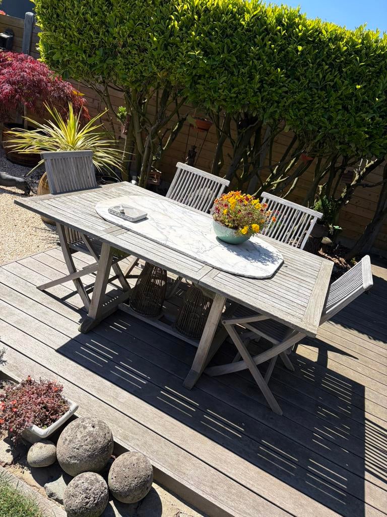 Tuintafel + 4 tuinstoelen, Ophalen, Gebruikt, Rechthoekig, Hout