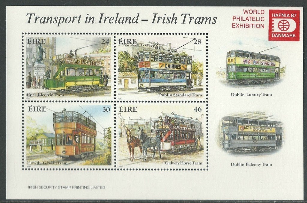 IERLAND 1987 Trams Blokje met “Hafnia ‘87” opdruk, Michel:, Verzenden, Postfris, Treinen