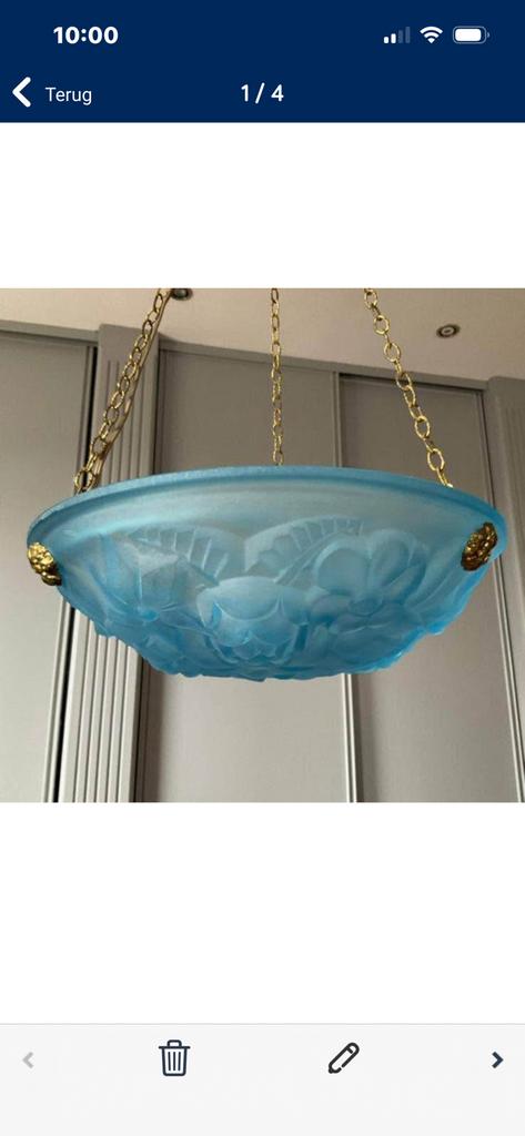 Art Deco Degué hanglamp blauw glas gesigneerd, Antiek en Kunst, Ophalen