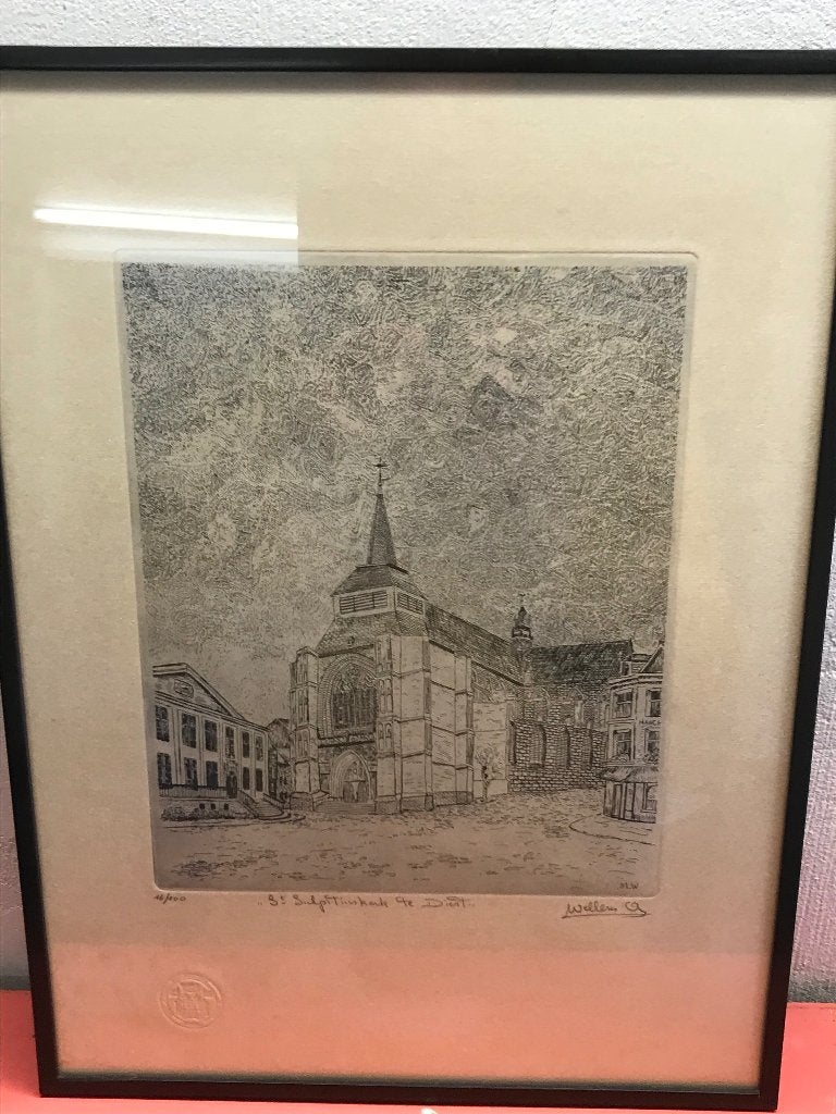 Etsen van André Wellens, Antiek en Kunst, Kunst | Etsen en Gravures, 40 cm, Stadsgezicht, 30 cm, Ophalen