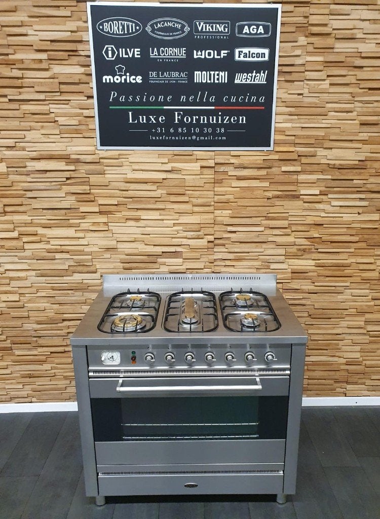 Boretti Gasfornuis 90cm rvs 1 elektrische oven 5 pits, 60 cm of meer, Ophalen of Verzenden, Zo goed als nieuw, Energieklasse A of zuiniger