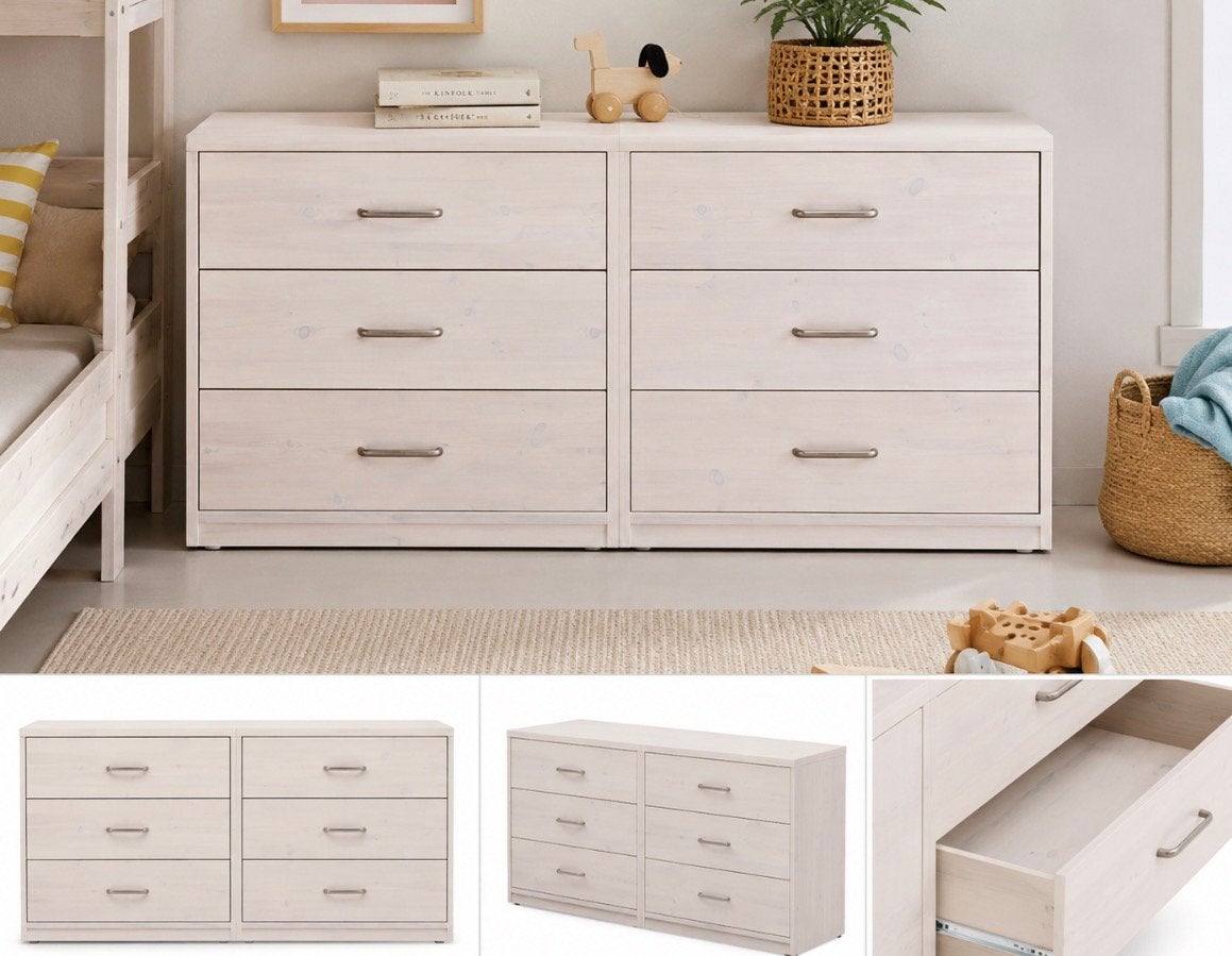 Commode FLEXA Classic – 6 tiroirs – White Washed Pine, Enlèvement