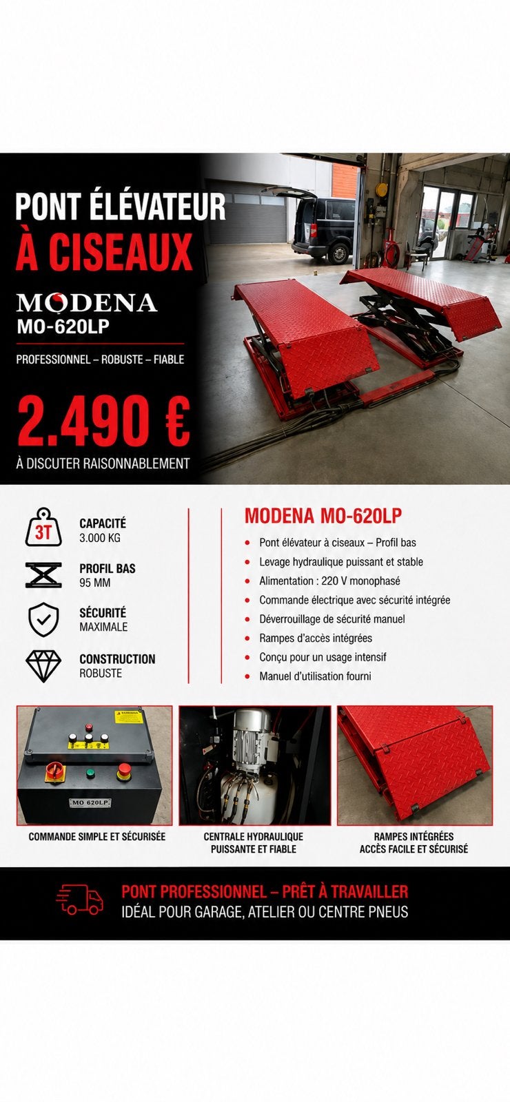 PONT ÉLÉVATEUR À CISEAUX MODENA MO-620LP – 3 TONNES, Apk-keuring