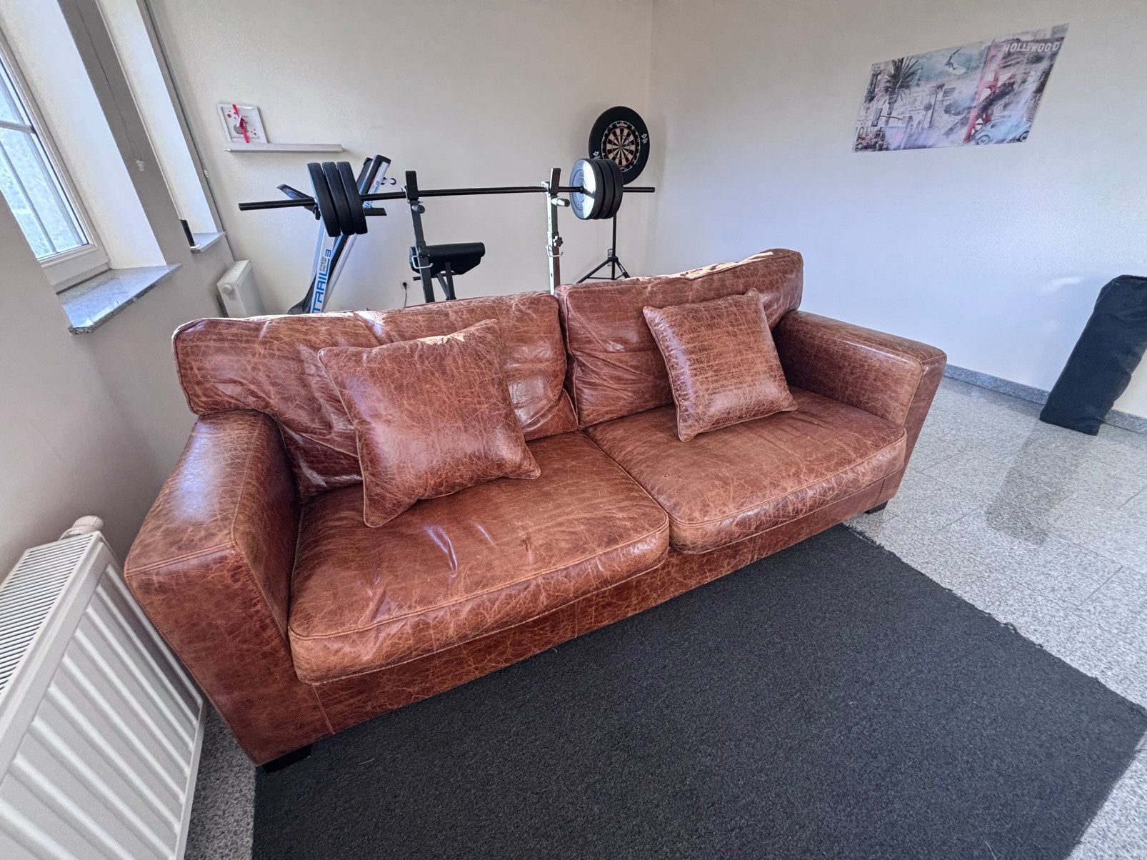 Bruine cognac lederen 3-zitszetel – vintage look, Huis en Inrichting, Ophalen, Gebruikt