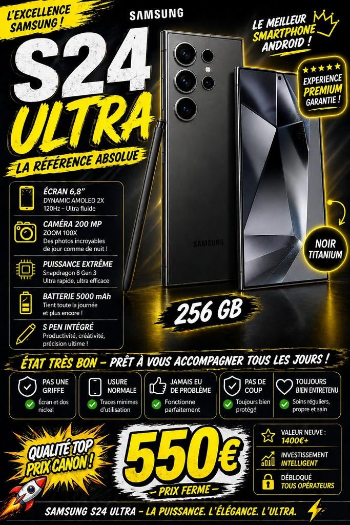 Samsung S24 Ultra 256GB Noir – État impeccable – 550€