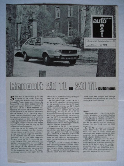 Renault 20 TL & Automaat 1976 Brochure Catalogue Prospekt, Envoi, Utilisé, Renault