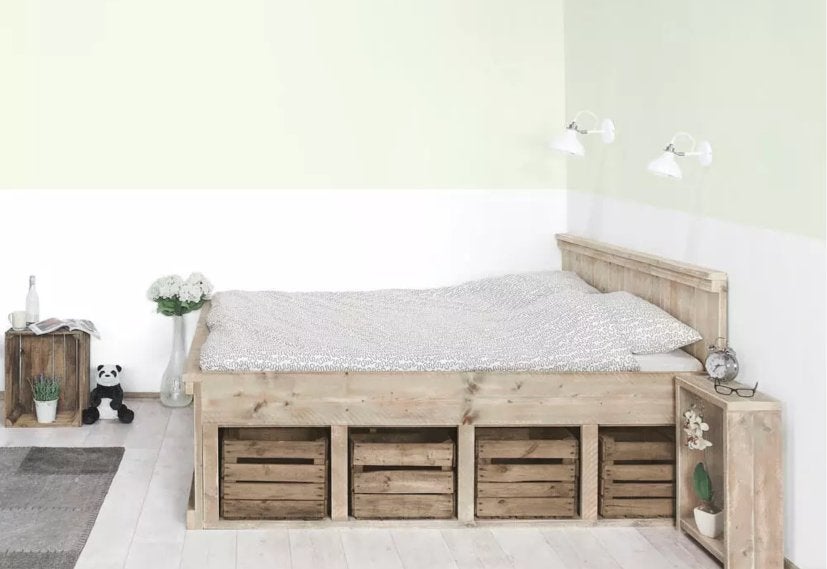 Lit en bois d'échafaudage avec bacs à fruits + matelas, Bois d'échafaudage, Rustiek, Enlèvement, Utilisé