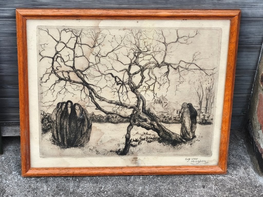 Gravure signe Eugène van mieghem, Antiquités & Art, Enlèvement ou Envoi, Gravure