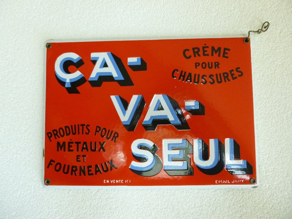 PLAQUE  ÉMAILLE « CA-VA-SEUL EN VENTE ICI » DES ANNÉES 1930, Enlèvement ou Envoi, Utilisé, Panneau publicitaire