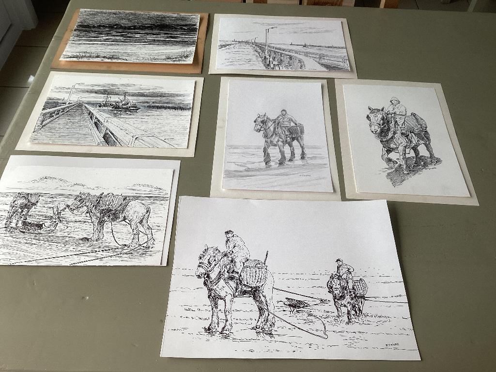 Lot van 7 tekeningen PAUL THIERY  Nieuwpoort, Antiek en Kunst, Ophalen of Verzenden