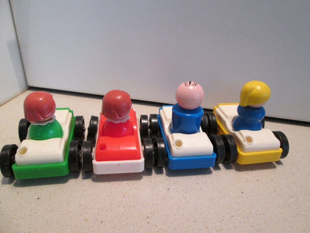 Vintage Fisher-Price ; 4 autootjes met poppetje, Ophalen of Verzenden, Zo goed als nieuw, Auto of Voertuig