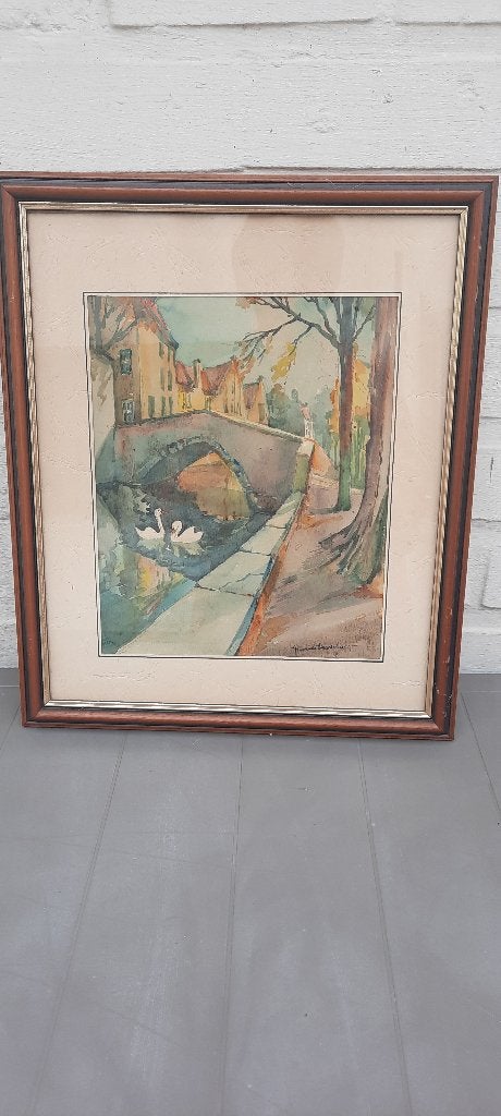 schilderij brugge van Maurits Dousselaere, Antiek en Kunst, Ophalen of Verzenden, Klassiek, Origineel werk, Stads- / dorpsgezicht