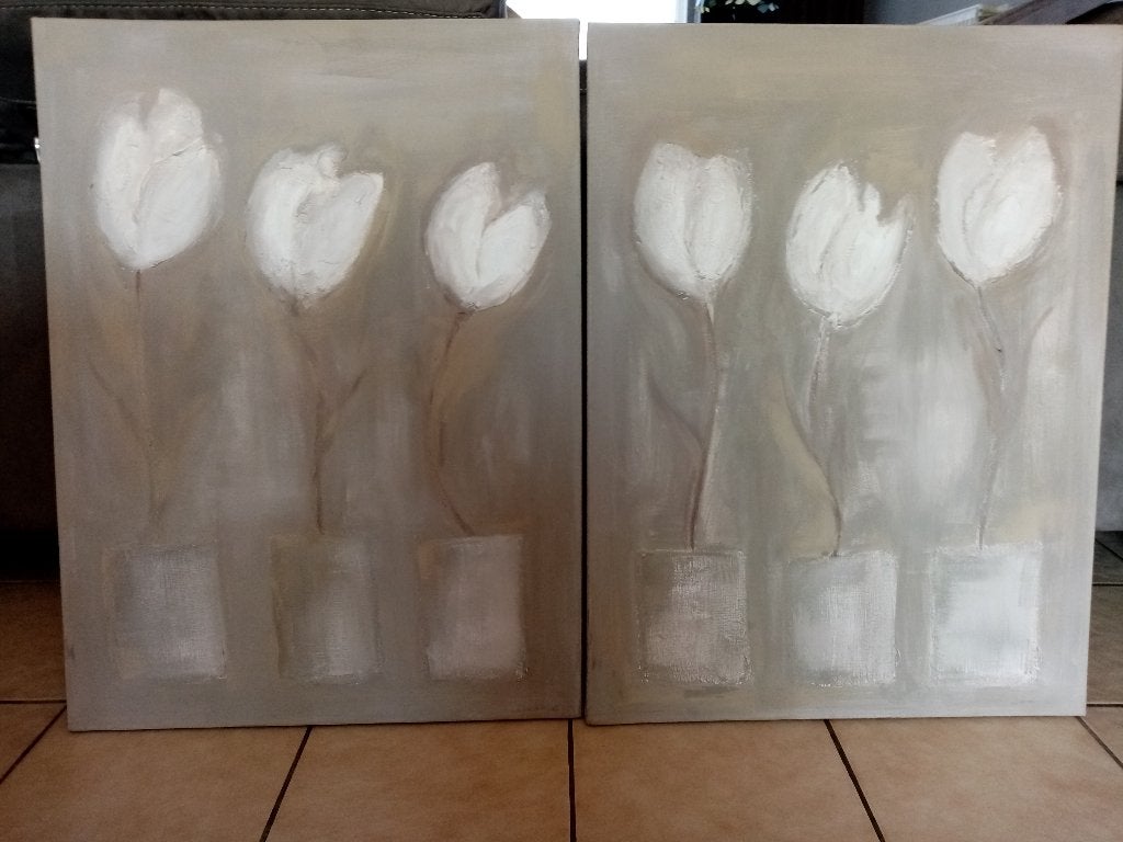 2 CANVAS BLOEMEN TAUPE, Ophalen, Zo goed als nieuw, Schilderij