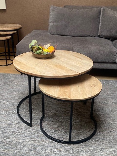 set van  2 ronde tafeltjes hout met metaal, Ophalen, Rond, Nieuw, 60 cm of meer