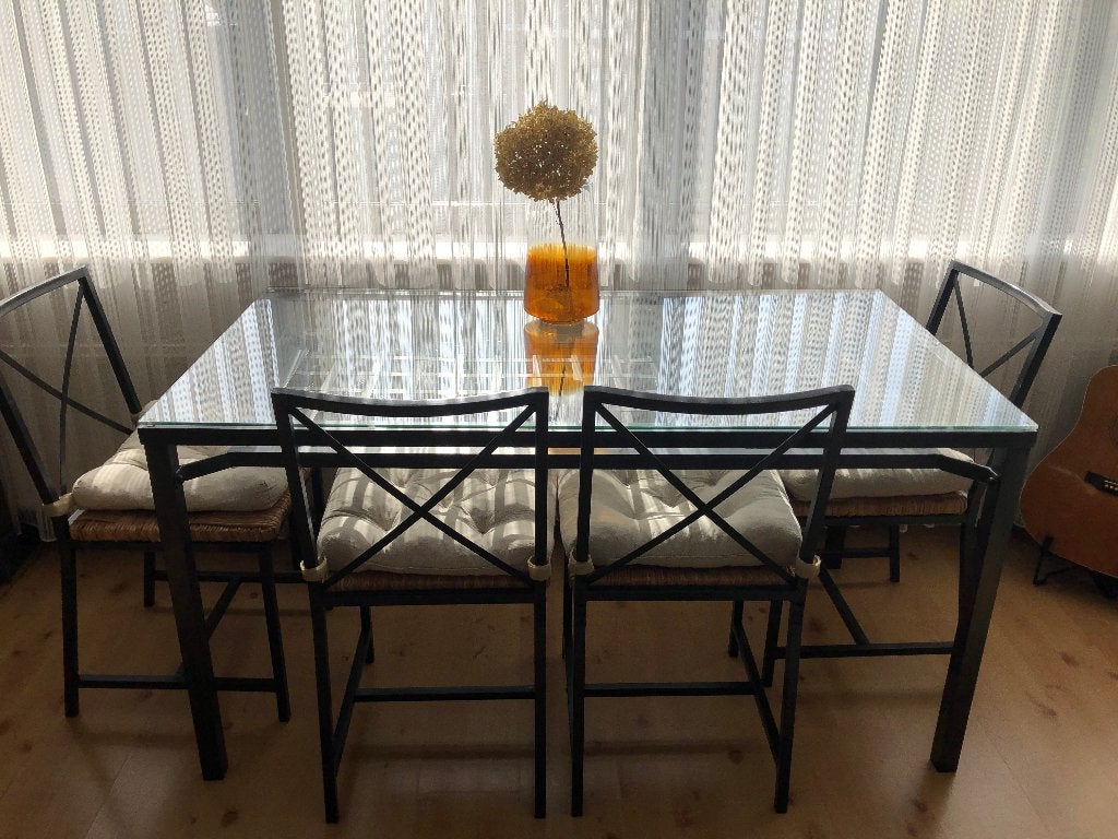 table et chaises, Landelijk/ modern, Verre, Enlèvement, Utilisé