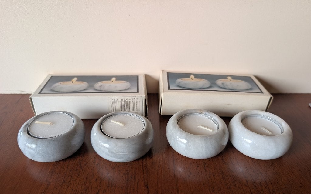 Set van 4 vintage marmeren theelichthouders / kaarsenhouders, Ophalen of Verzenden, Zo goed als nieuw, Grijs, Kaars