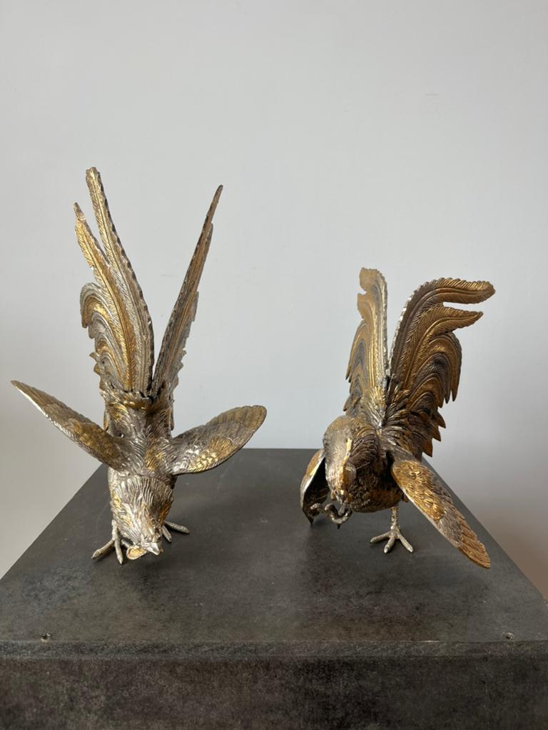 Twee hanen in verzilverd en verguld brons, Antiek en Kunst, Ophalen of Verzenden