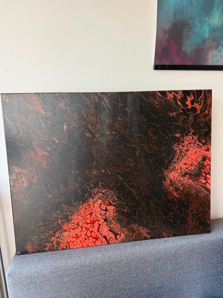 Modern schilderij te koop zwart/rood accenten, Antiek en Kunst, Ophalen, Abstract, Acrylverf, Gesigneerd