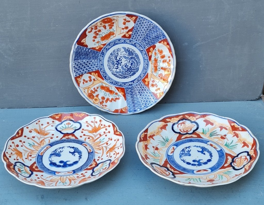 3 plaques Imari cobalt - oxyde rouge, Enlèvement ou Envoi