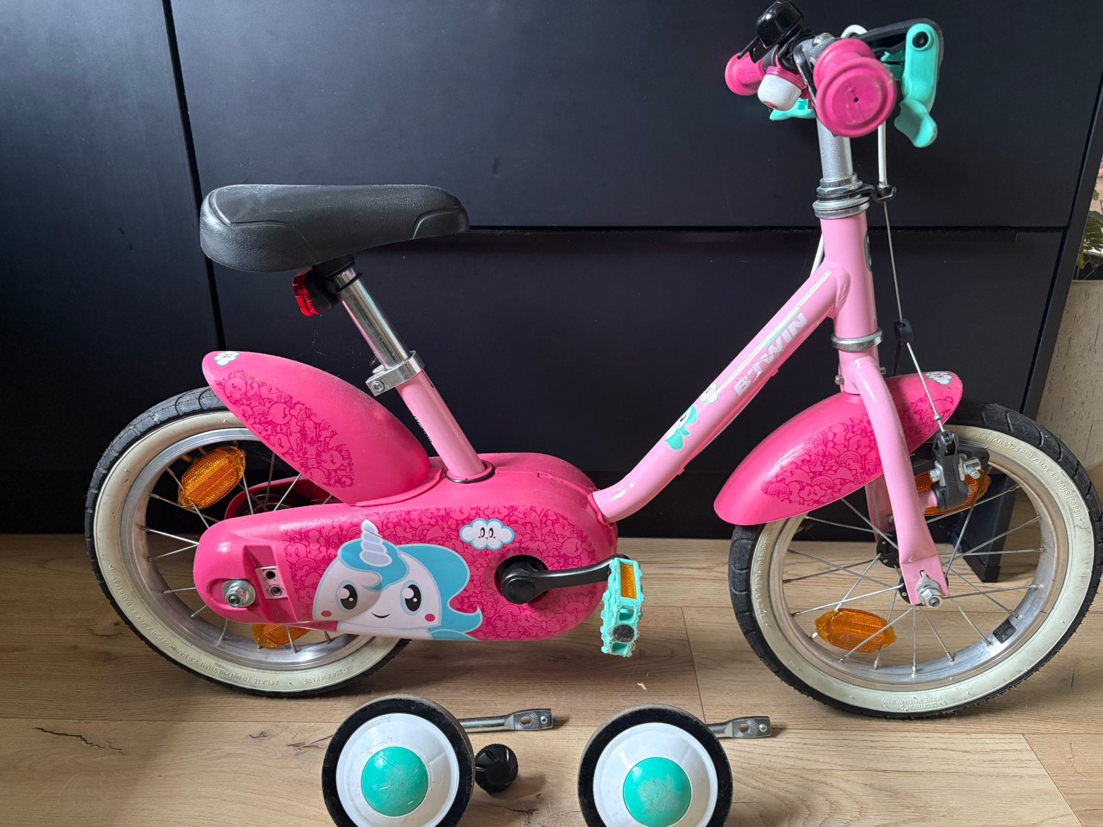 KINDERFIETS 14 INCH 2-5 JAAR 500 UNICORN B'TWIN, Ophalen, Zo goed als nieuw, Zijwieltjes