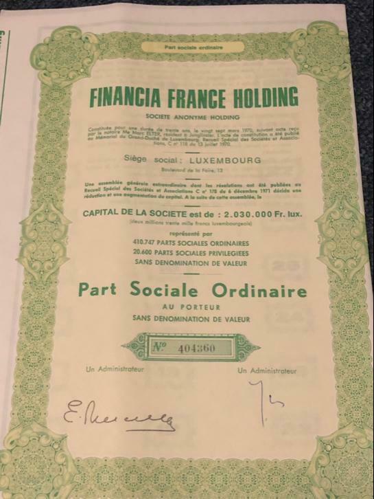 Oud aandeel Financia France Holding, Postzegels en Munten, Aandelen en Waardepapieren, Ophalen of Verzenden, 1970 tot heden, Aandeel