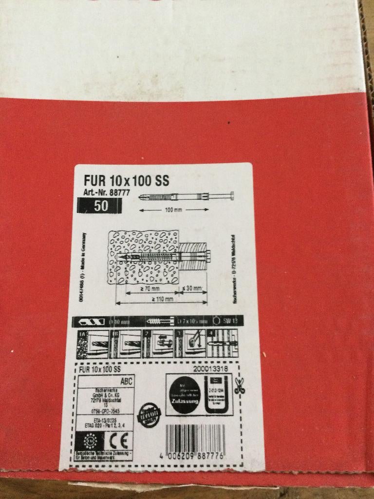 Fischer Universele constructieplug FUR 10 x 100 SS schroef m, Ophalen, Nieuw, 50 tot 100 mm, Pluggen