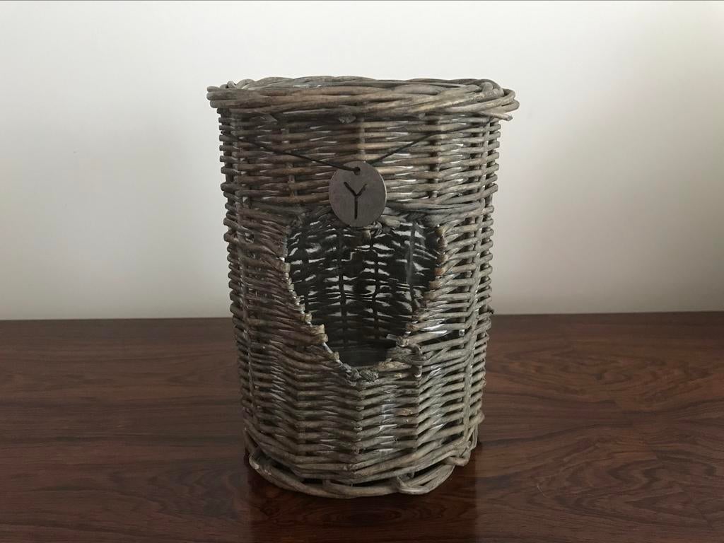 Rieten mand glazen pot windlicht hartje landelijk 18 cm h, Ophalen of Verzenden, Mand