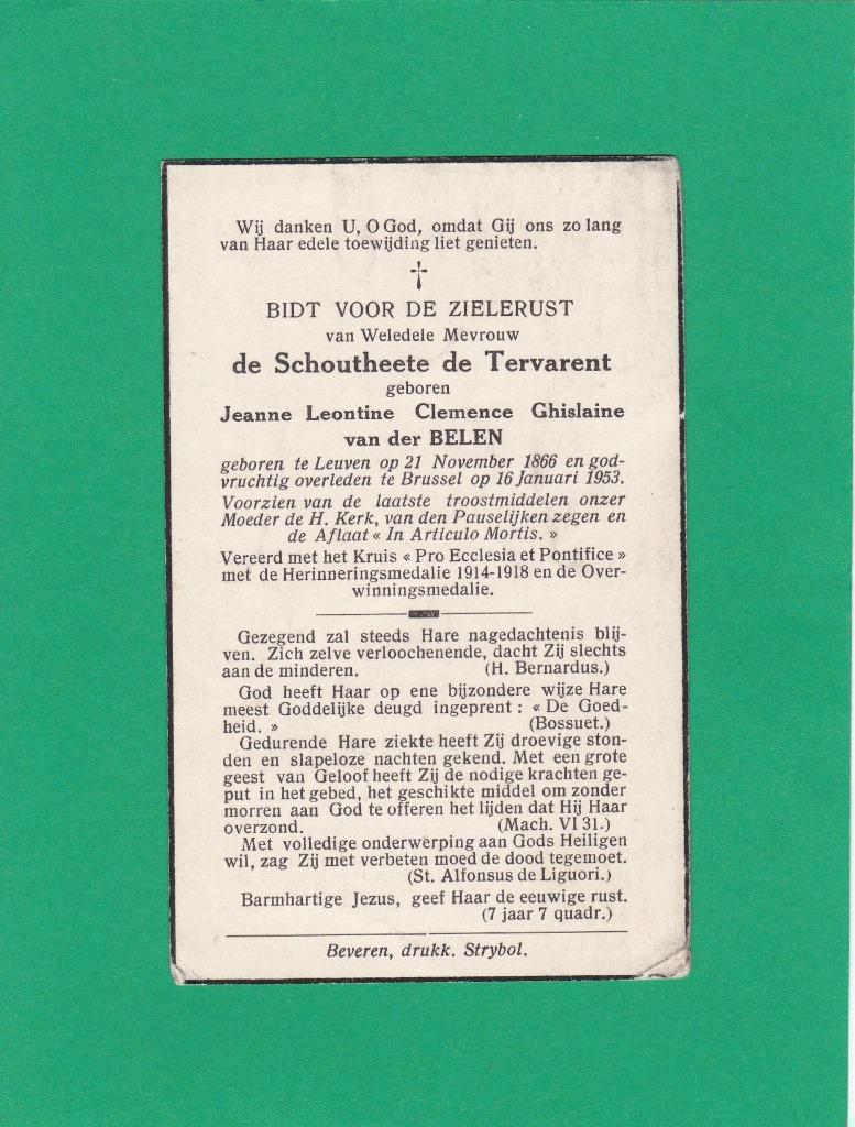 DP van der Belen Jeanne Leontine Clemence Ghislaine (Adel), Ophalen of Verzenden, Bidprentje