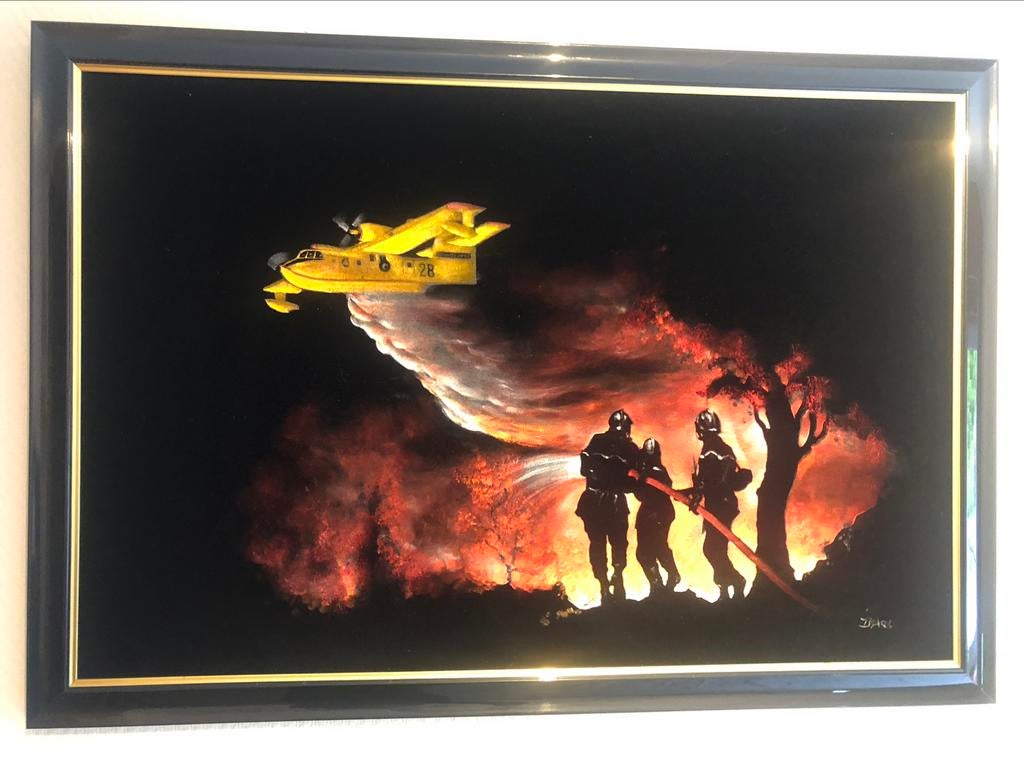 Cadre peinture sur velours pompiers, Antiquités & Art, Enlèvement