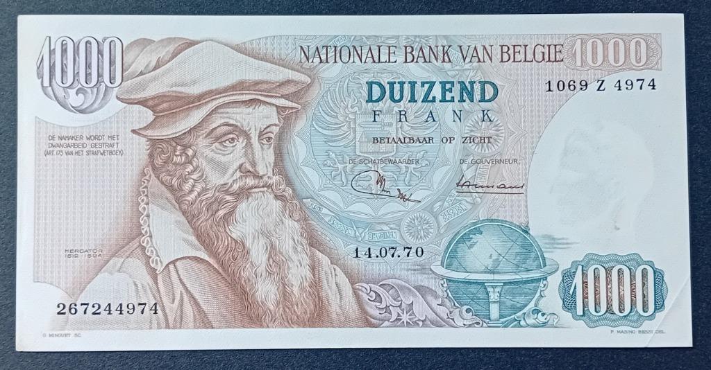belgie 1000 frank mercator 1970 zeldzaam FDC, Postzegels en Munten, Ophalen of Verzenden, Los biljet