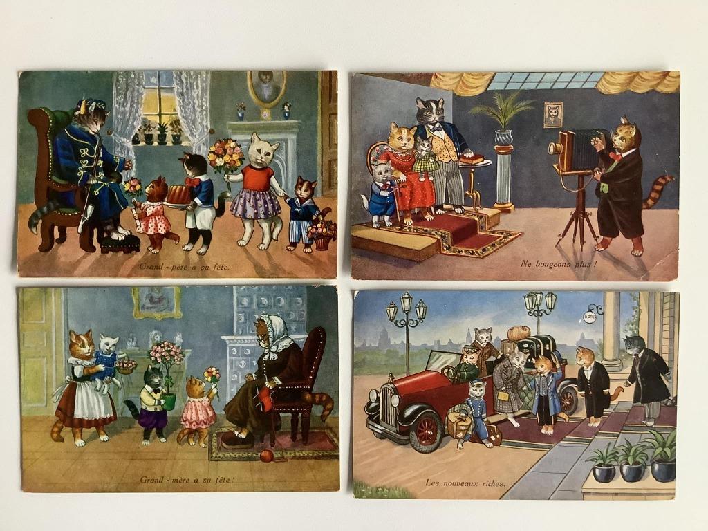 4 oude postkaarten poezen, Verzamelen, Ophalen of Verzenden, 1920 tot 1940, Gelopen, Hond of Kat