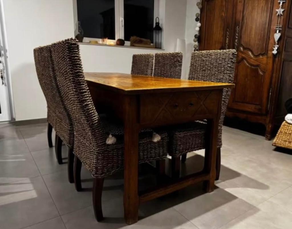 Table salle à manger en chêne + 6 chaises en rotin, Maison & Meubles, Salles à manger complètes, Enlèvement, Comme neuf, 6 à 8 chaises