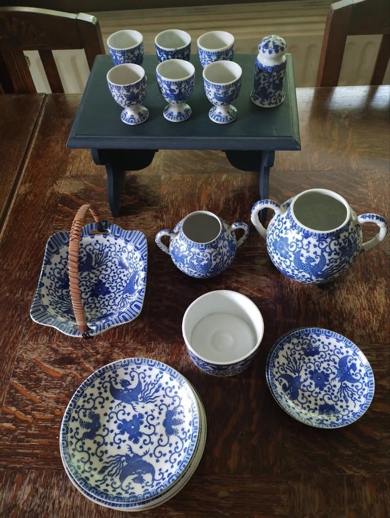 japans servies lot 3 blauw wit vogel, Antiek en Kunst, Ophalen