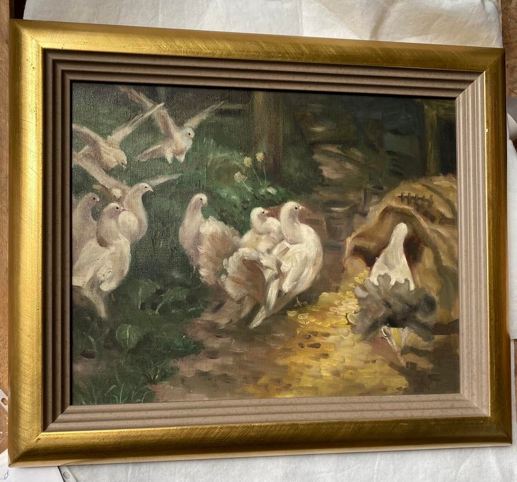 3 x Schilderij duiven, bloemen, landschap, zie beschrijving, Antiek en Kunst, Ophalen