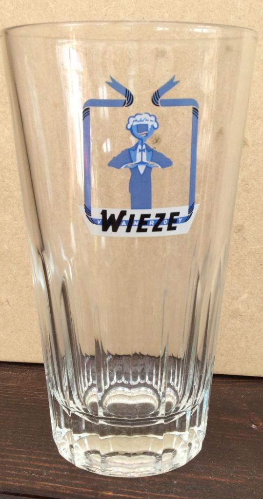 Bier brouwerij glas Van Roy Wieze wit blauw embleem rib, Verzamelen, Ophalen of Verzenden