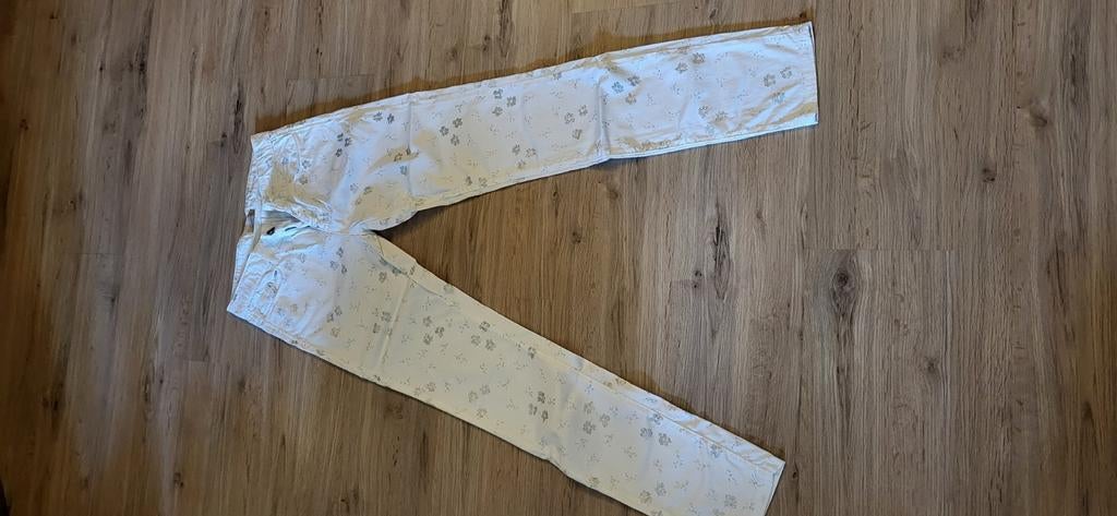 Katoenen zomerbroek met gouden glitter bloemen, Kleding | Dames, Wit, Ophalen of Verzenden, Zo goed als nieuw, Maat 36 (S)