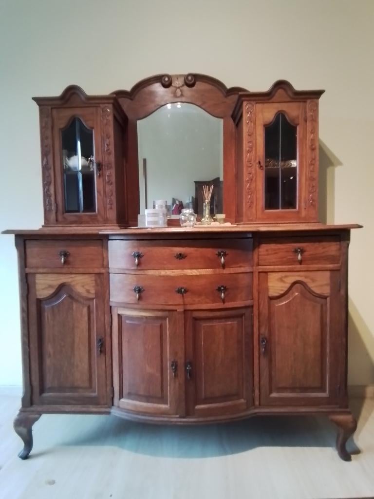 Vintage meubels set eetkamer: 2 kasten + tafel met 6 stoelen, Ophalen, Gebruikt, Vintage, 4 tot 6 stoelen