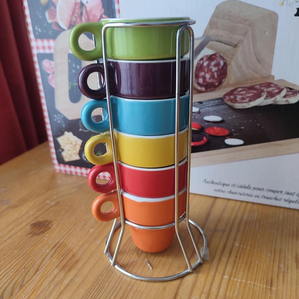 EXPRESSO - 6 mini tasses Colorées + support métal, Enlèvement ou Envoi, Comme neuf, Autres styles, Porcelaine