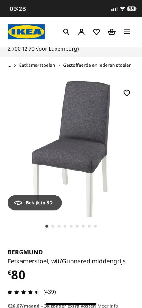 Bergmund eetkamerstoel Ikea, Huis en Inrichting, Stoelen, Ophalen, Zo goed als nieuw, Stof, Grijs