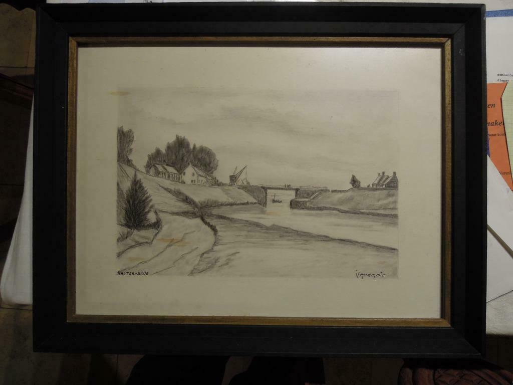 Gregoir V. tekening Aalter-brug 30 x 20 houtskool, Minder dan 50 cm, Gebruikt, Ophalen of Verzenden, Tekening