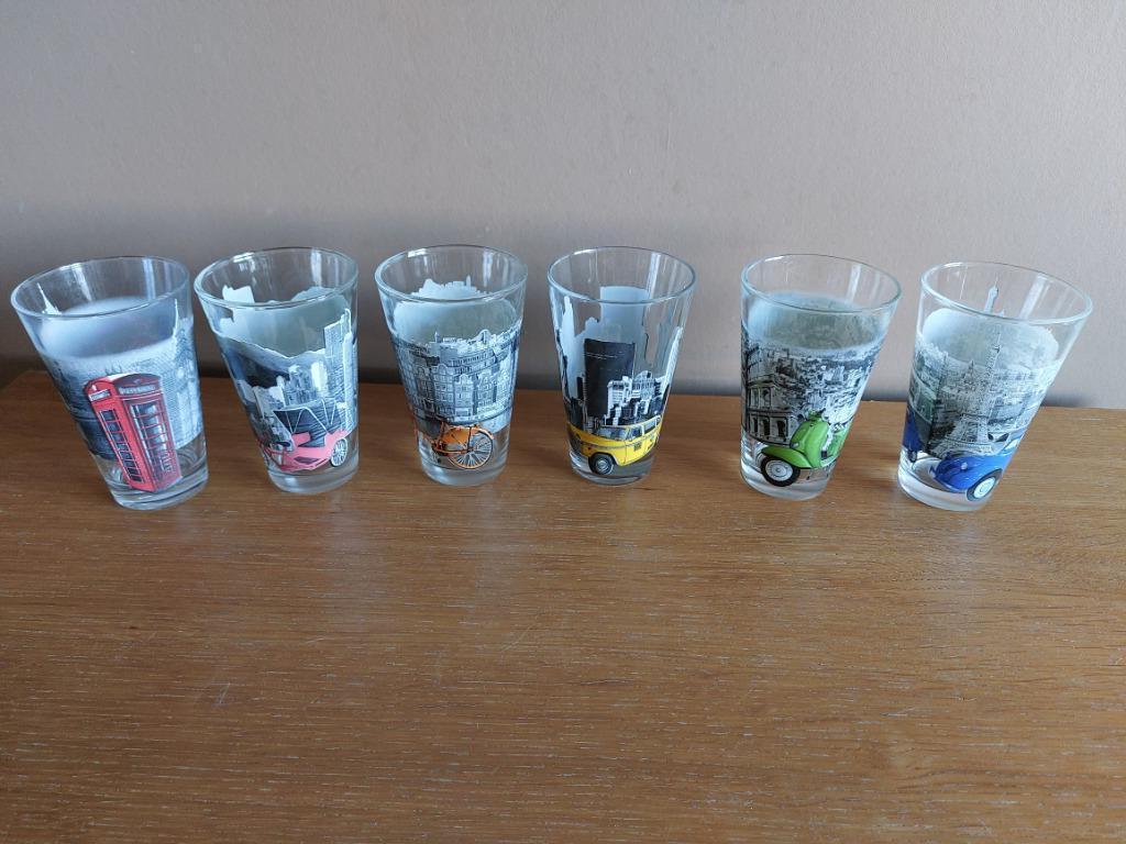 Set van zes vintage glazen met stedelijke patronen, Ophalen of Verzenden