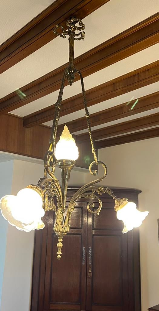 Masief koperen luster DRINGEND WEG, Huis en Inrichting, Lampen | Kroonluchters, Ophalen, Gebruikt