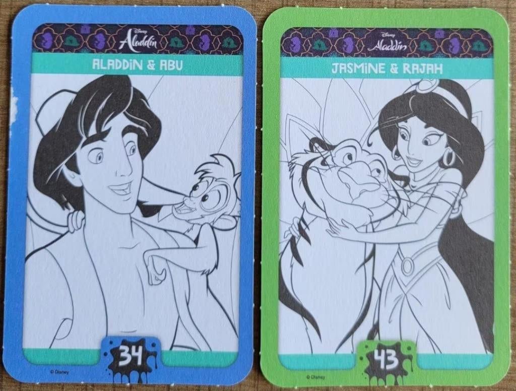 Aladdin: 2 verzamelkaarten Disney Colour Magic, Verzamelen, Ophalen of Verzenden, Zo goed als nieuw, Film, Foto of Kaart