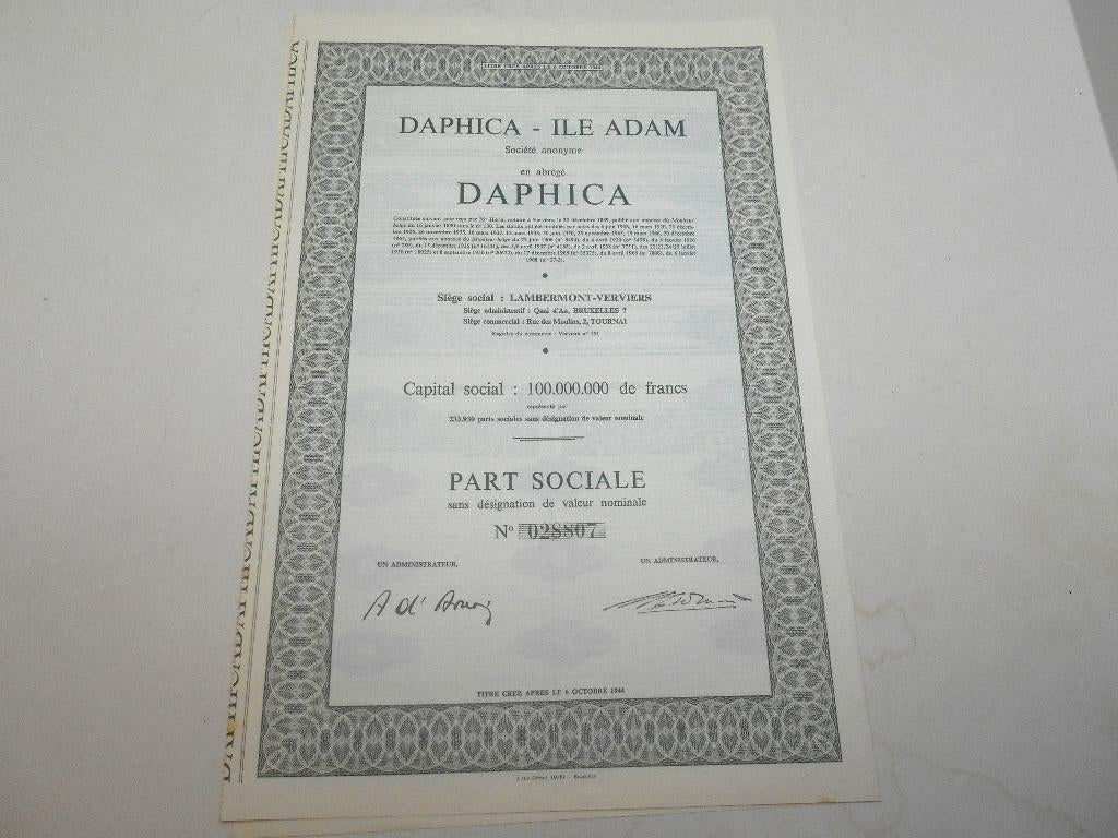 Part sociale Daphica Ile Adam Lambermont Verviers textile, Enlèvement ou Envoi, 1950 à 1970, Autres types